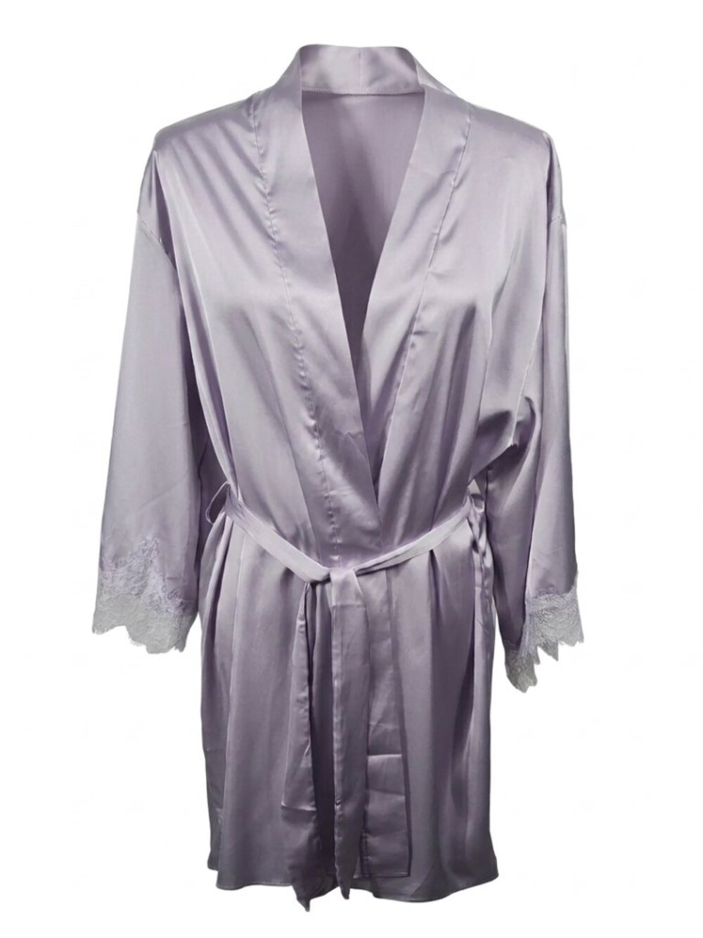 NWT iCollection Jill Satin Robe Lace Belt Kimono Sleepwear Lilac S Romantic